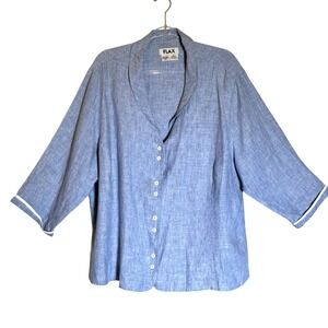 FLAX Women's‎ Plus Linen Button Up Shirt Tunic Jacket Lagenlook Blue Size 22